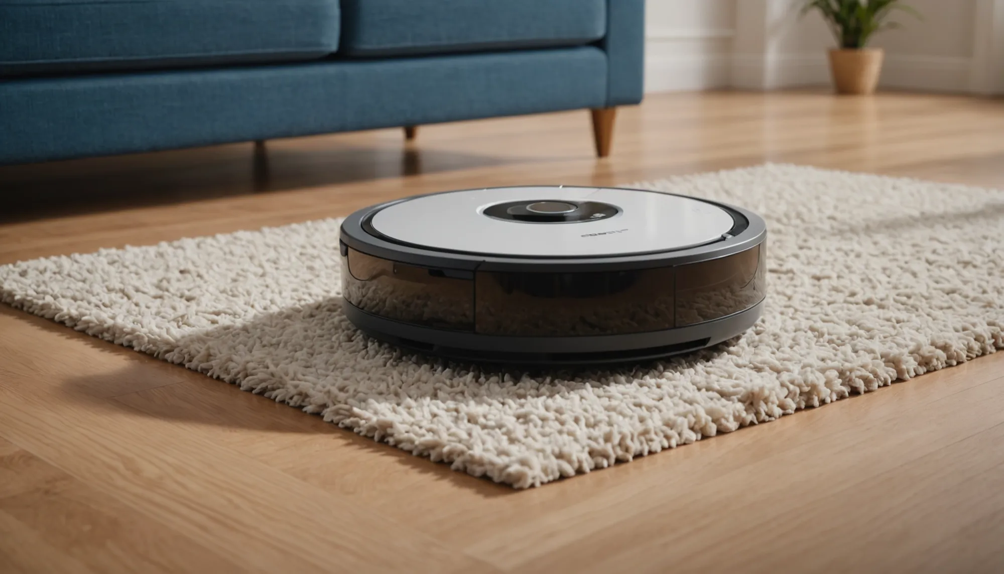 AI image of A robotic vacuum cleaner busy at work on a carpet and hardwood floor.