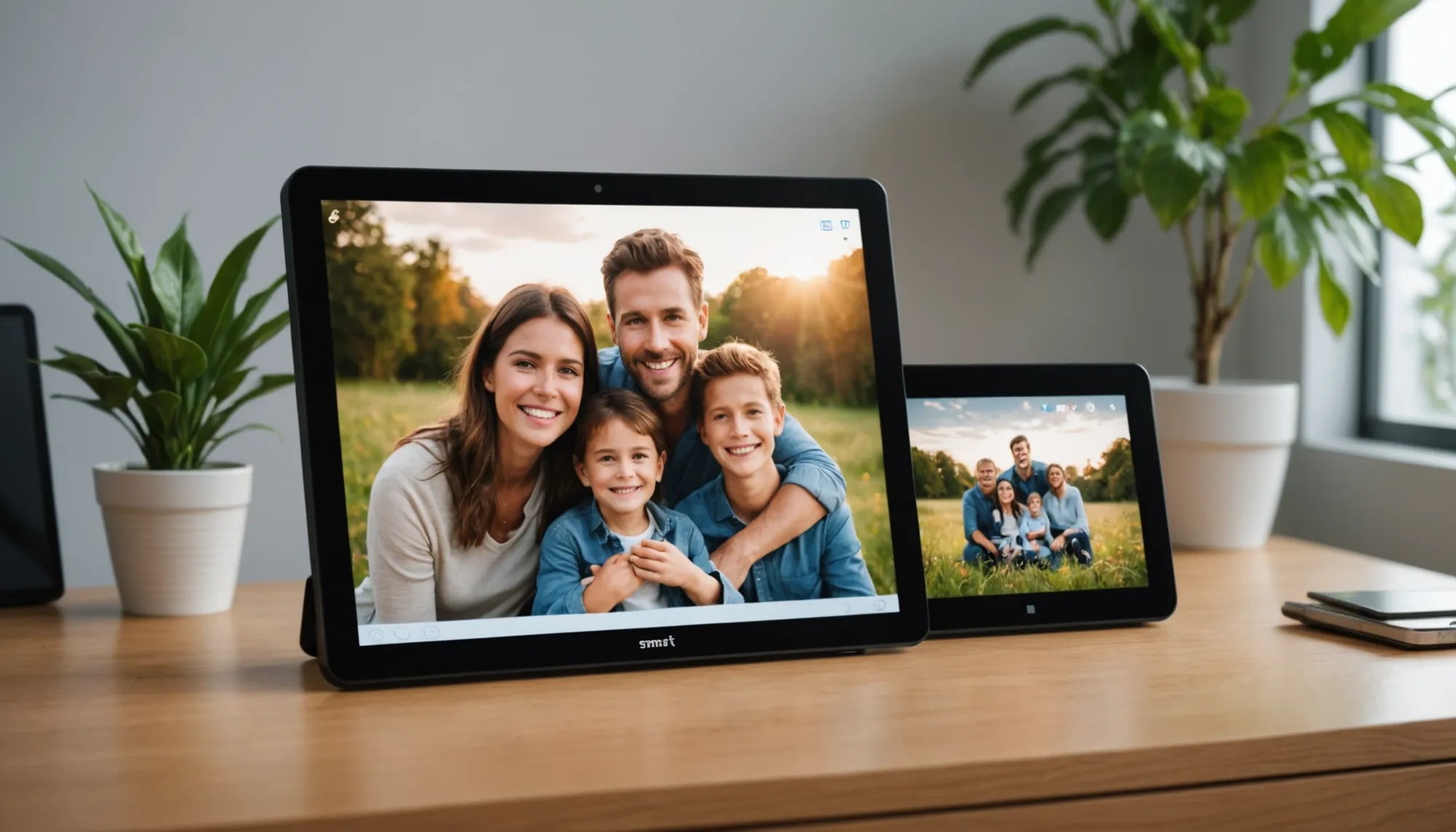 AI image of A smart display showcasing family photos in a cozy living room.