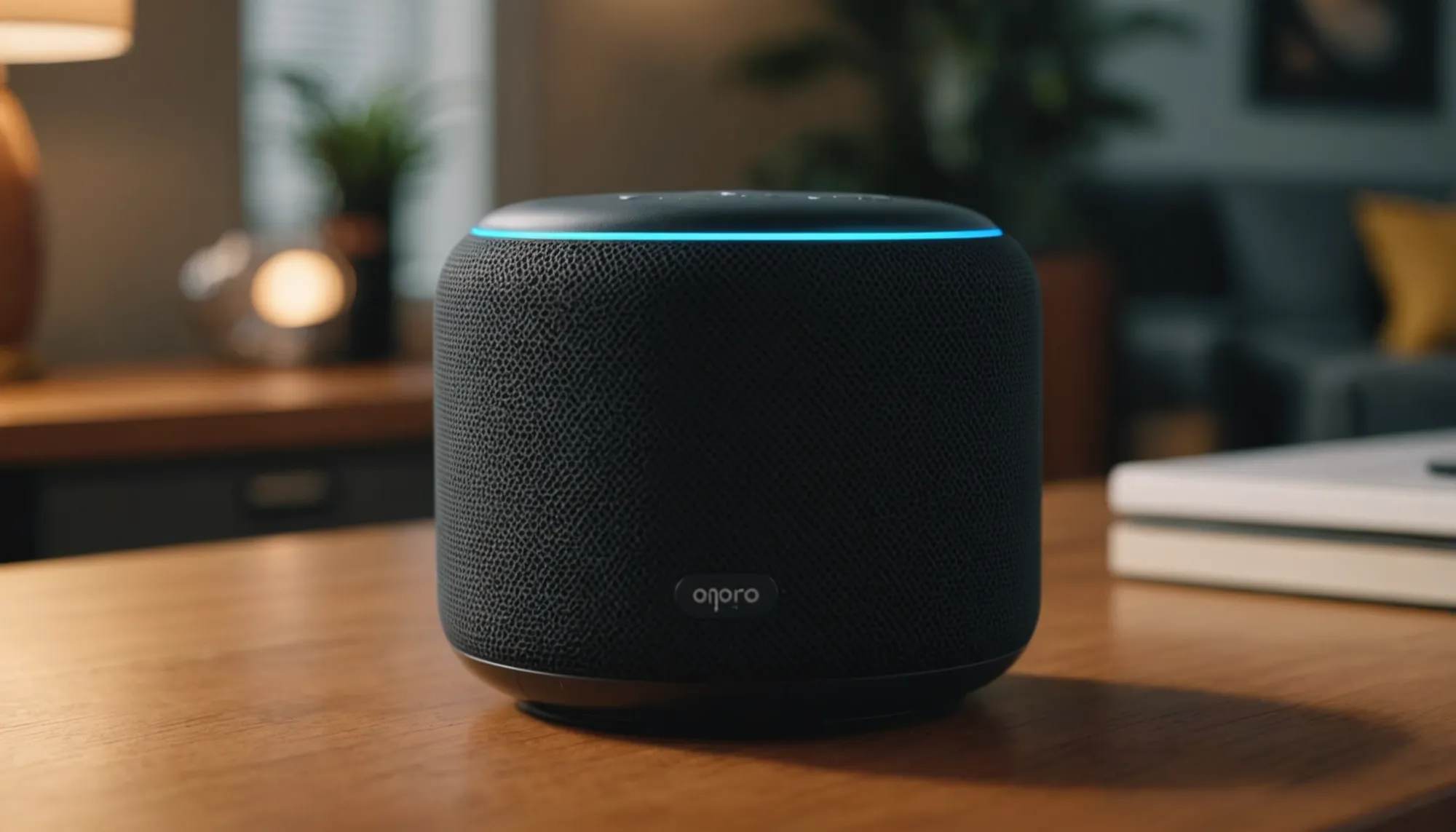 AI image of A smart speaker sitting elegantly on a modern table.