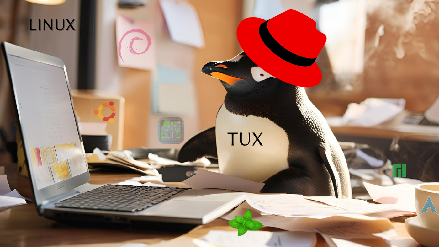 Penguin at laptop with Linux Distribution logos around the room