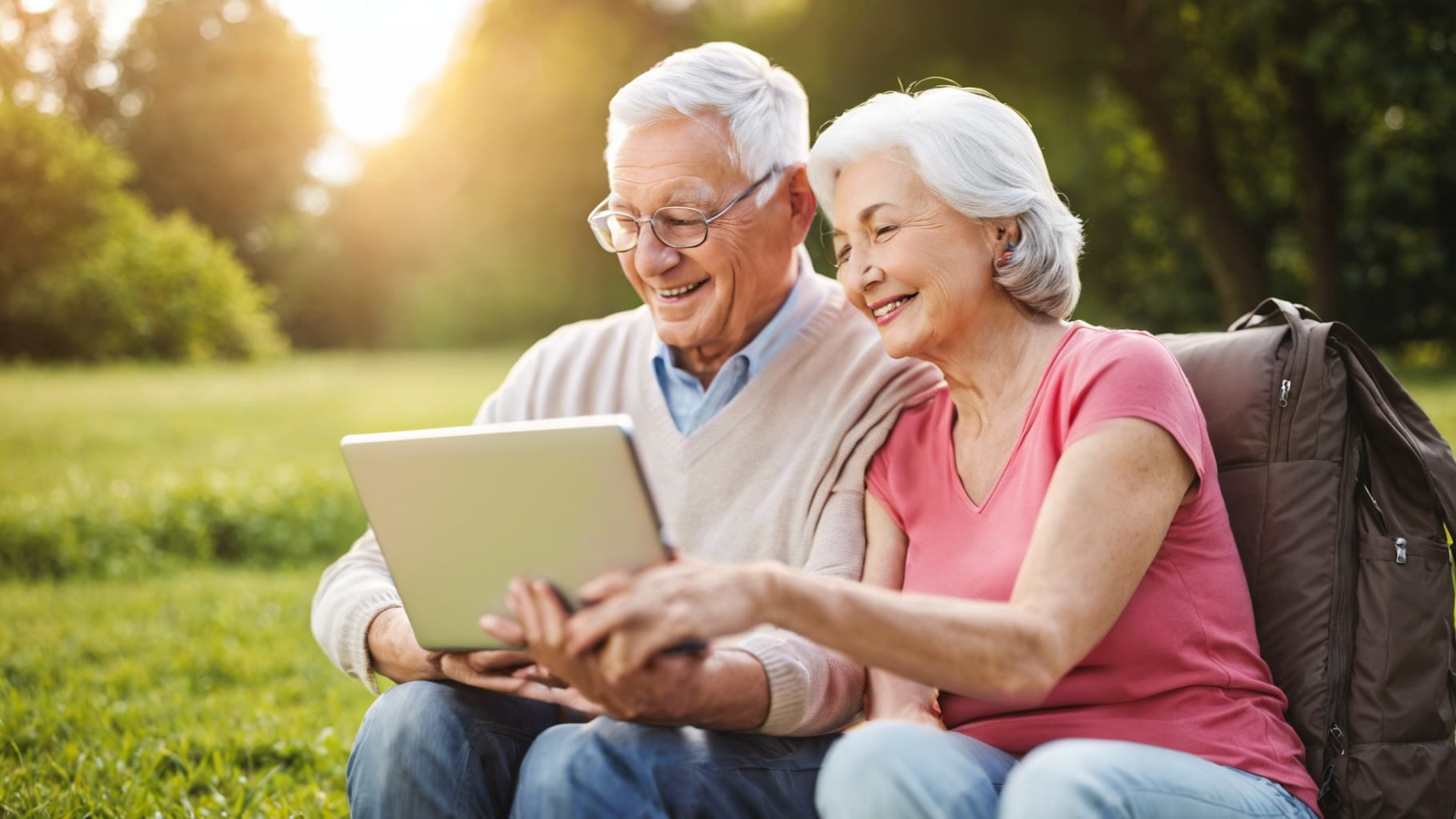 AI image of seniors sitting on a bench outdoors using a tablet