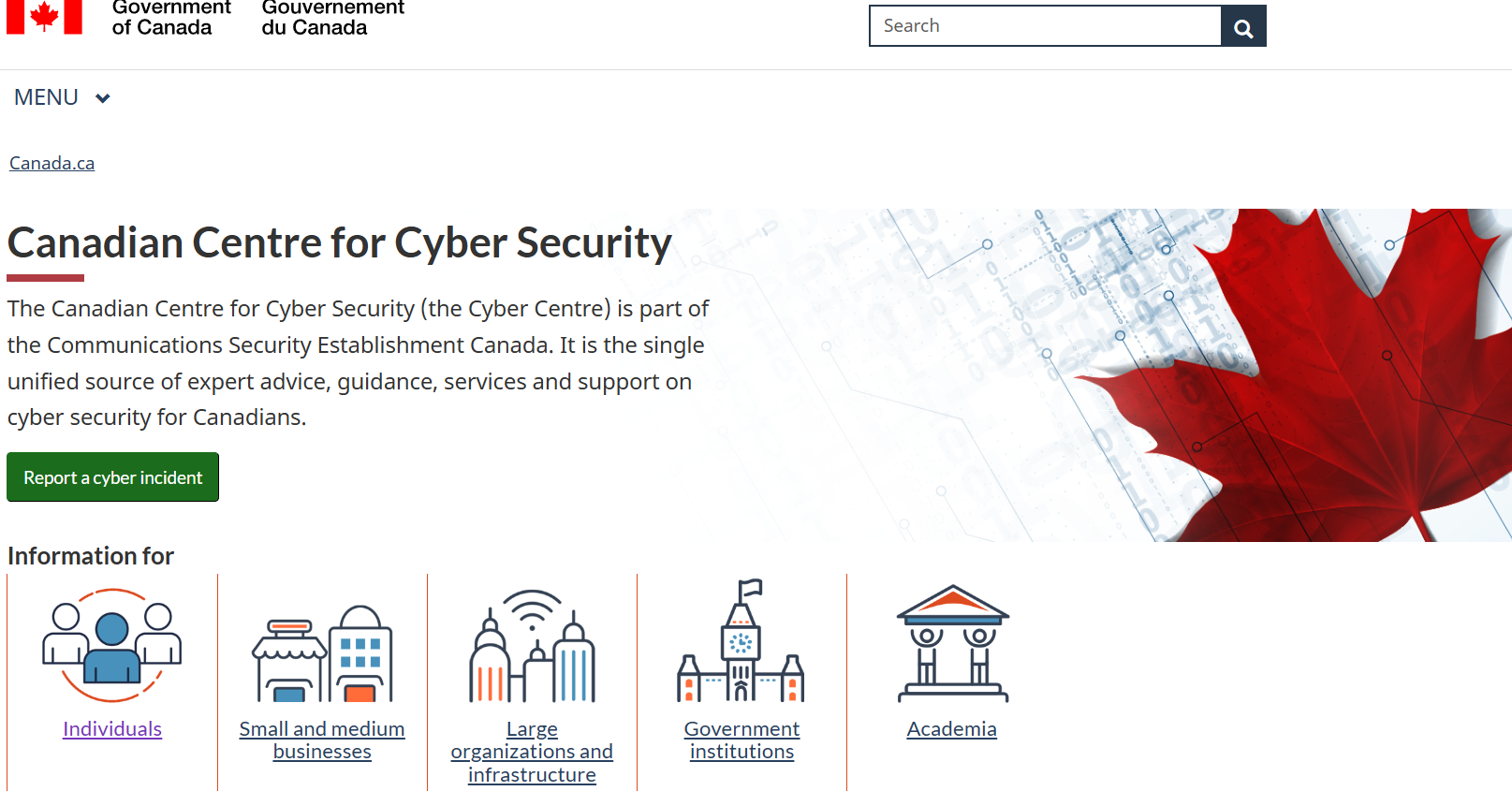 Screenshot of the Canadian Centre for Cyber Security Website