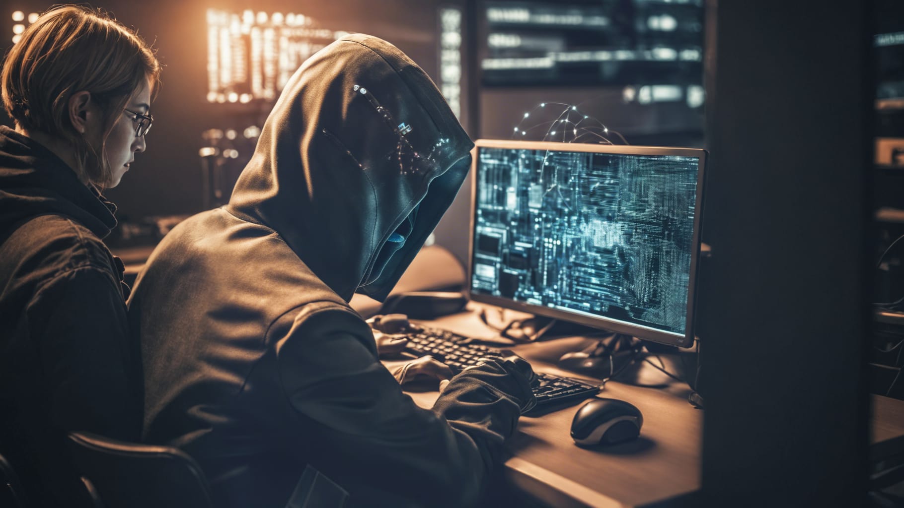 AI image of hooded hacker and woman in front of computer 