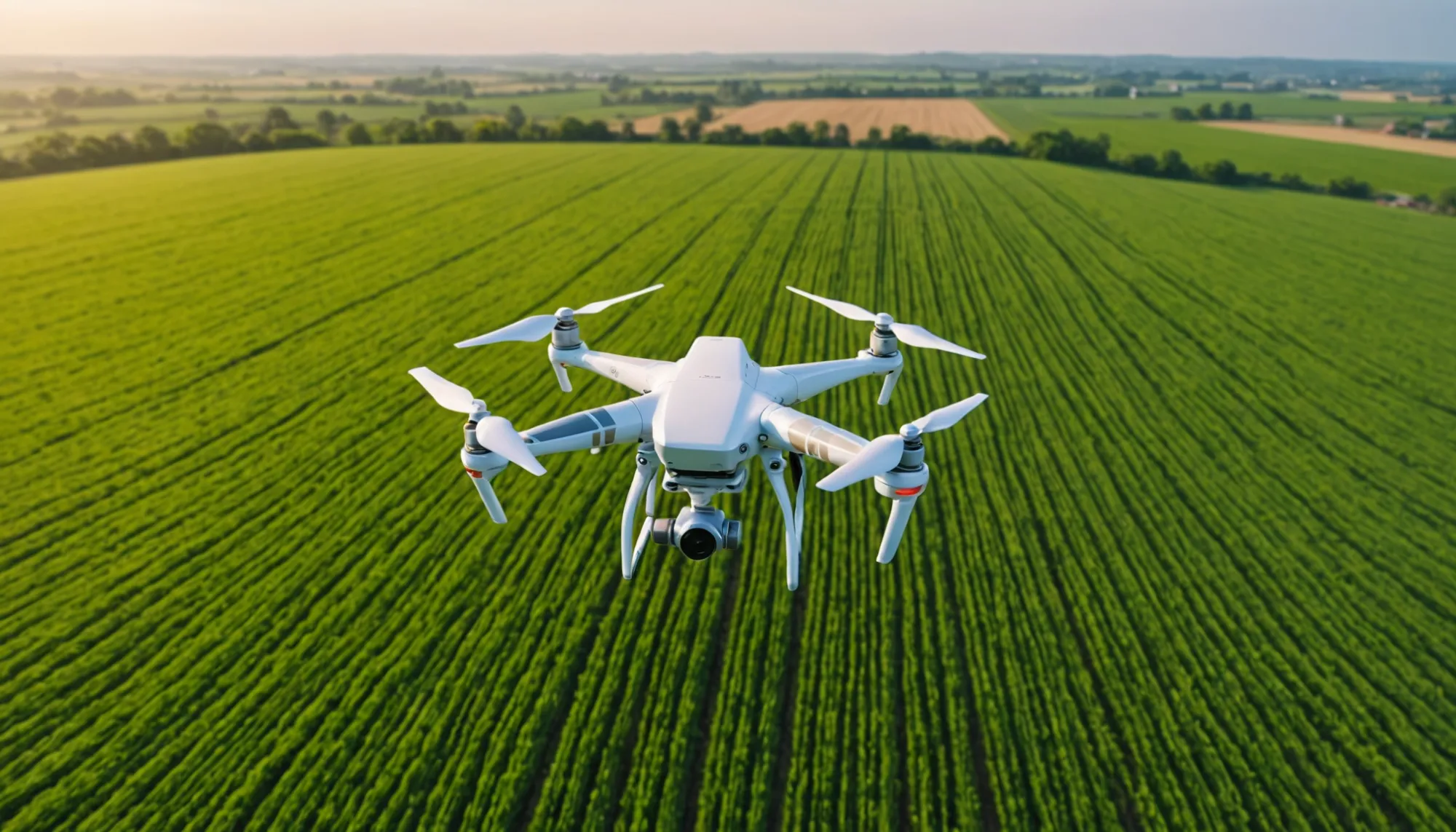 A high-tech drone flying over lush green farmland.