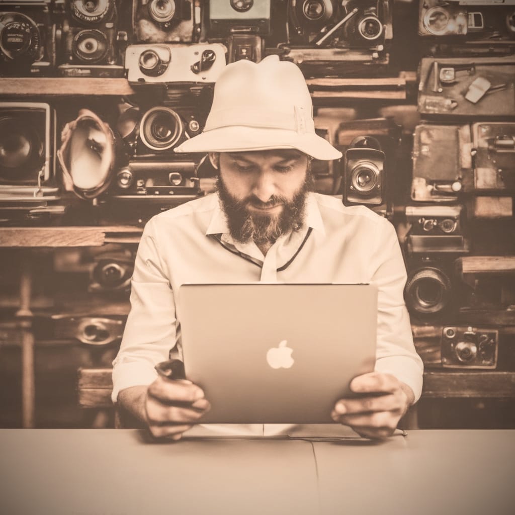 Man looking at apple tablet with retro cameras in background