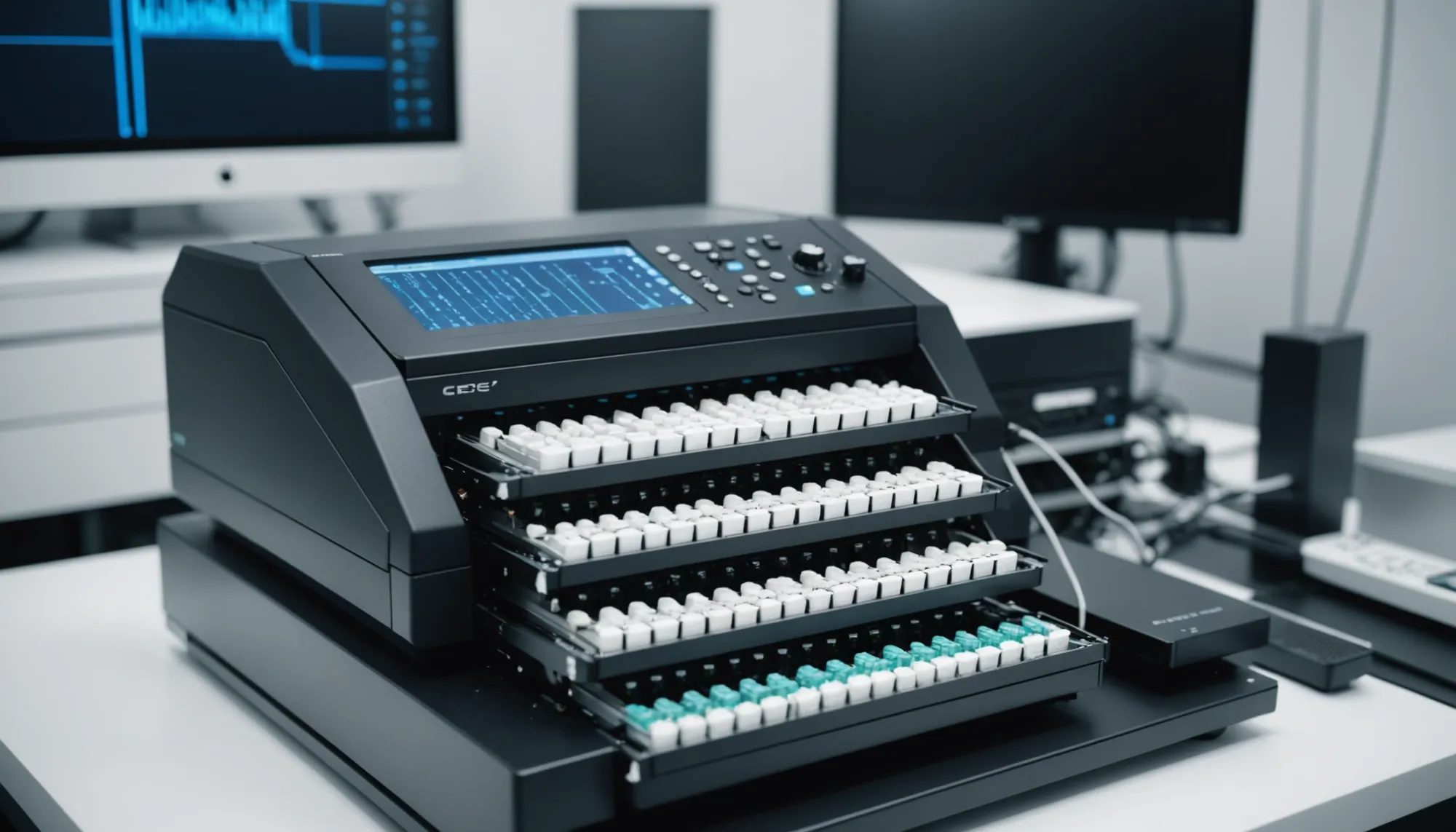 Close-up analysis of genomic sequencing equipment.