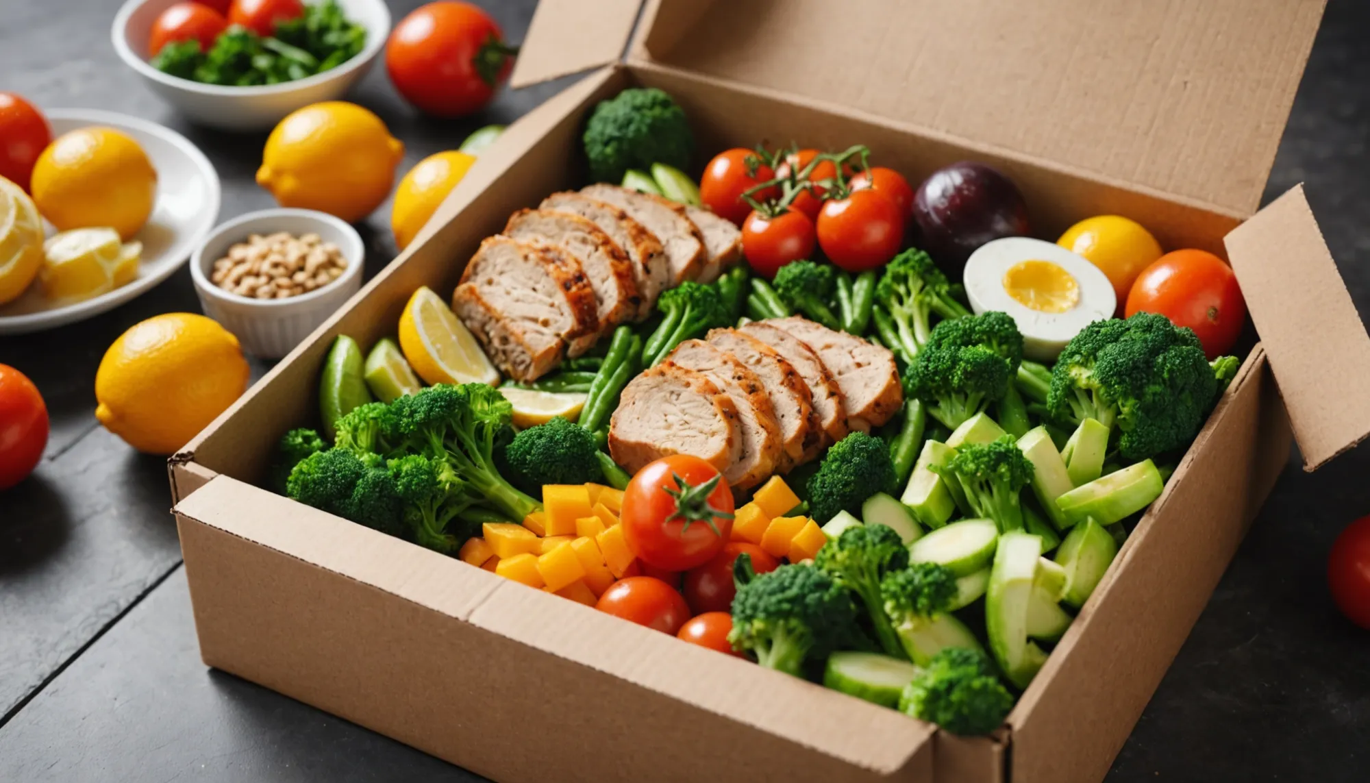 An open meal kit box showcasing fresh ingredients for cooking.