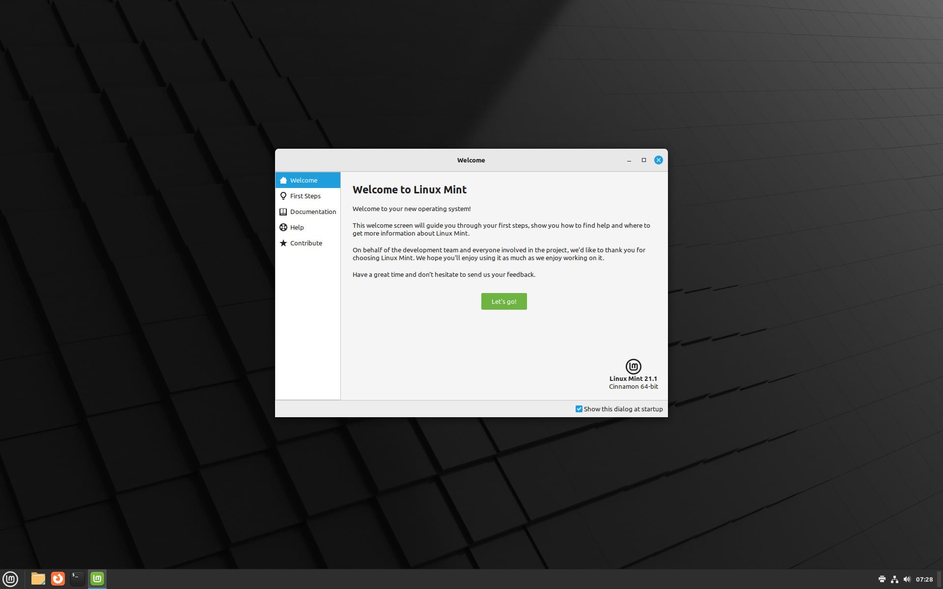 Welcome Screen For Linux Mint 1st bootup.