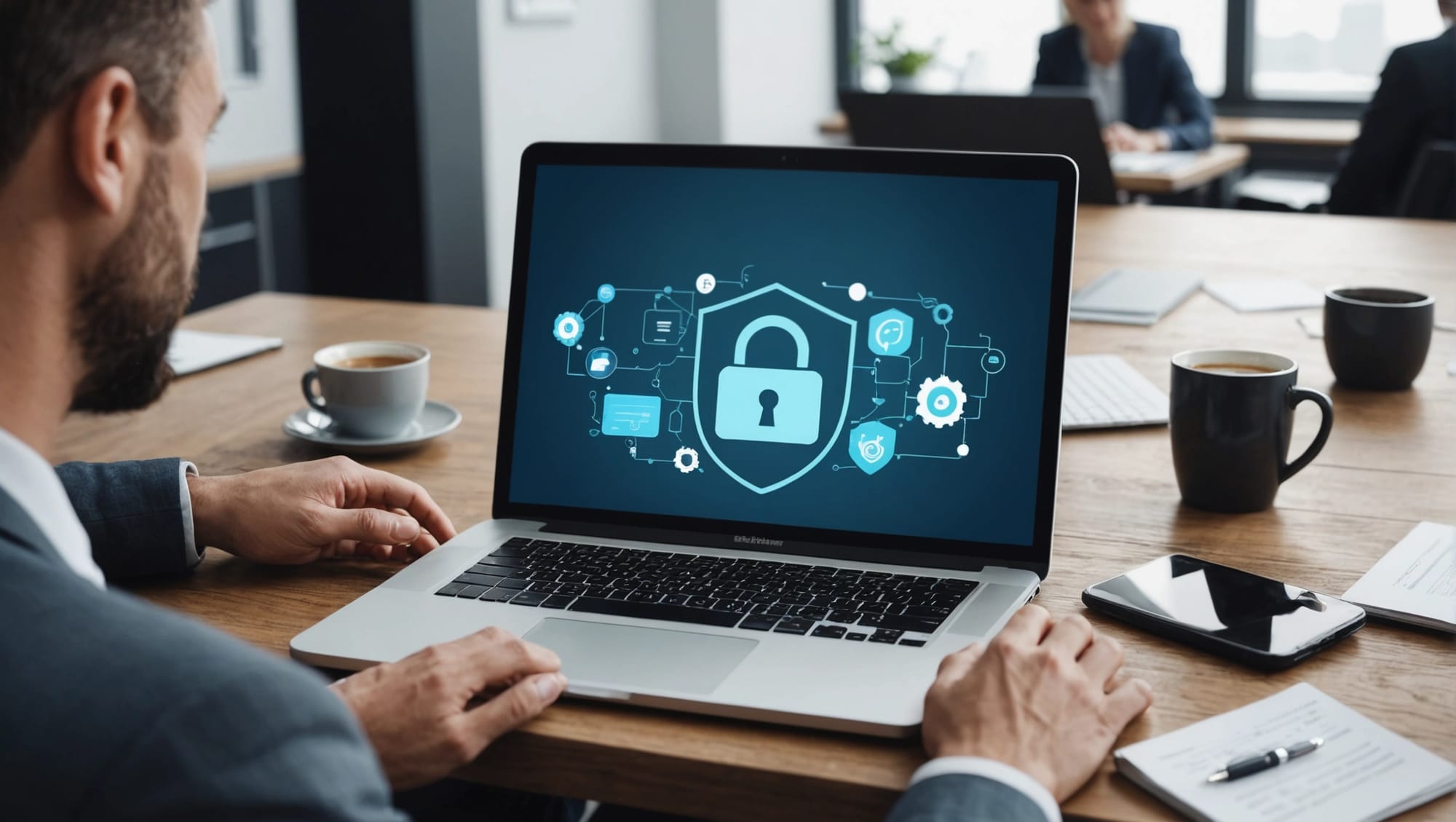 AI image of man sitting at desk with laptop open and padlock icon on screen