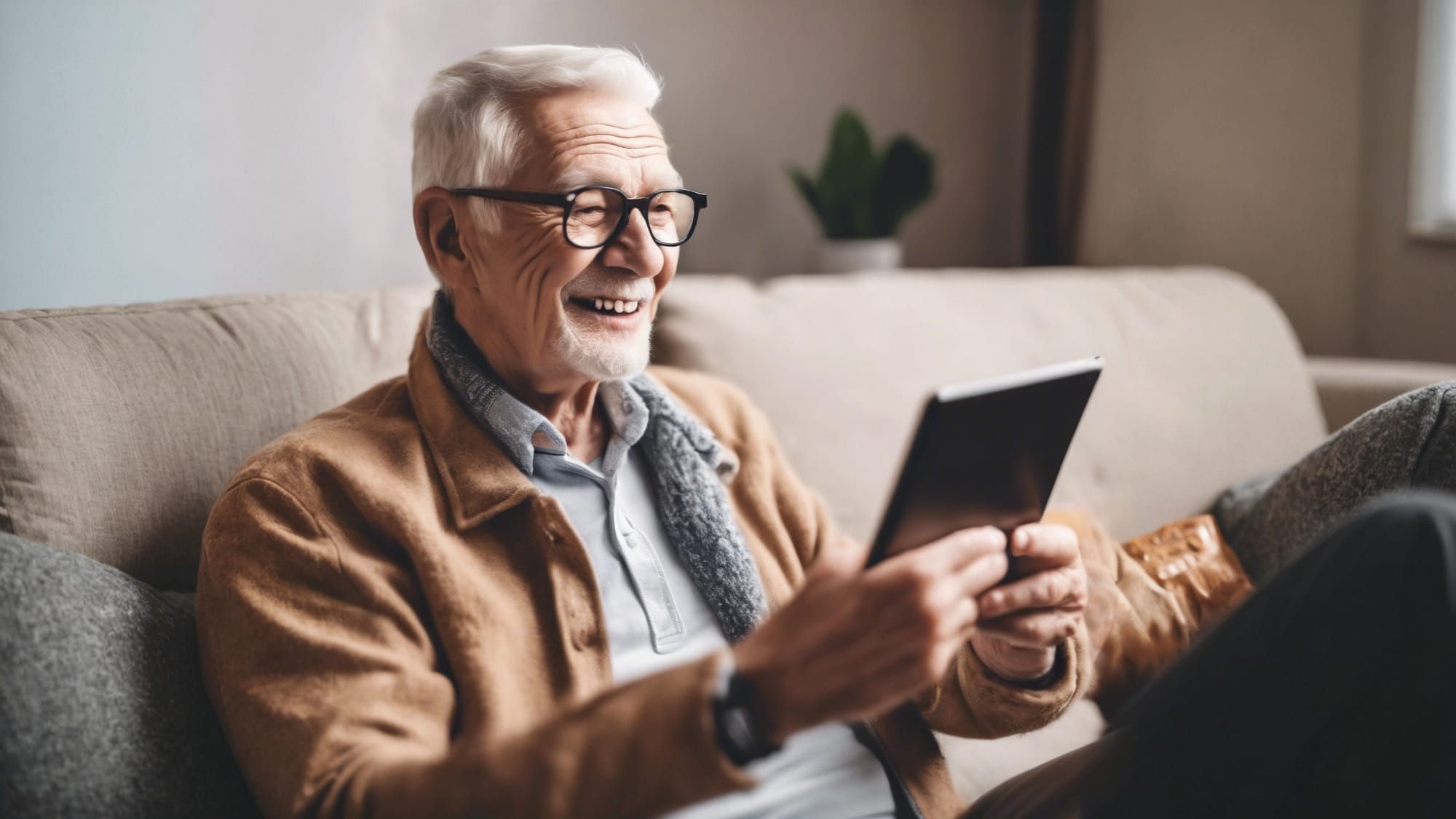 AI image of senior man using tablet for video call