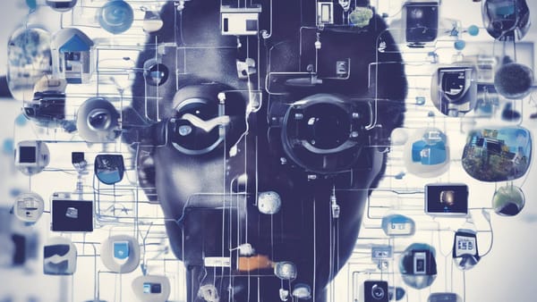 AI image of female dark skinned woman with lenses for eyes and IoT imagery all connected through wires to her