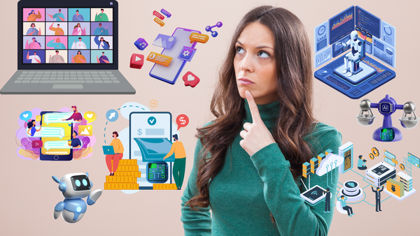 Woman thinking with graphics of types of technology around her