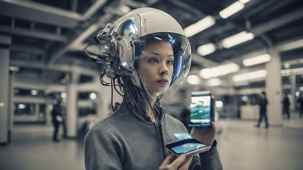 AI image of female AI Robot with helmet and wires holding mobile devices