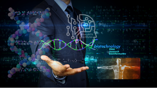 Graphic depicting biotechnology and bioinformatics with DNA and computer binary code in background