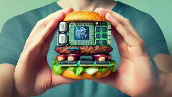 AI image of a person holding a hamburger with computer circuitry inside