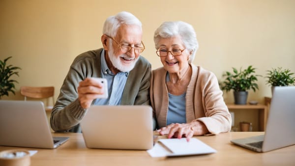 AI image of a senior couple using technolo