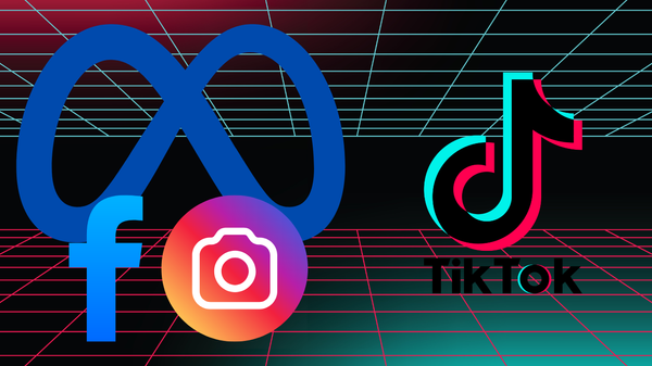 Logos of Meta and TikTok on geometric background